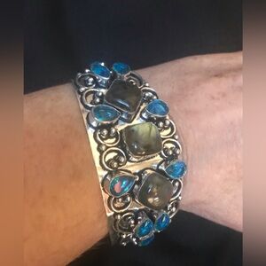 Labradorite Blue Topaz Stamped 925 Sterling Silver Cuff Bracelet